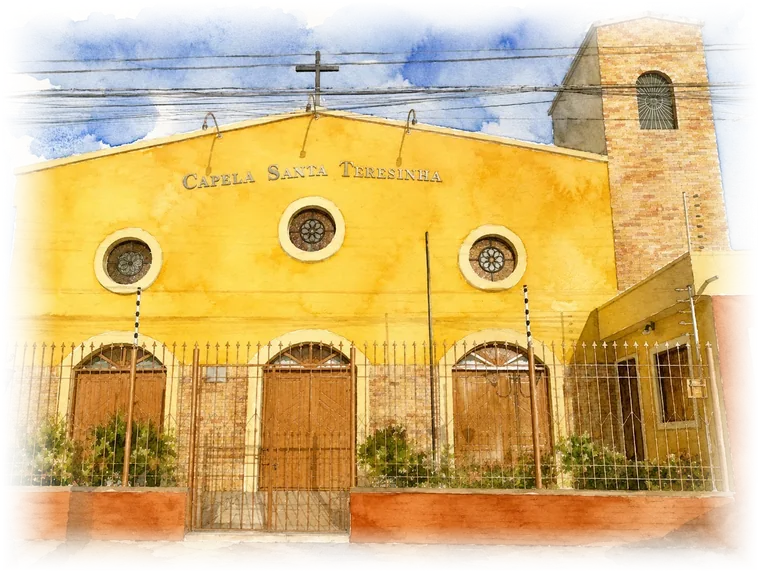 Aquarela pintada à mão da Capela Santa Teresinha, igreja de casamento em Fortaleza, Ceará