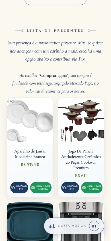 Lista de presentes real dentro do convite digital, com fotos, valores e botões de Pix e cartão